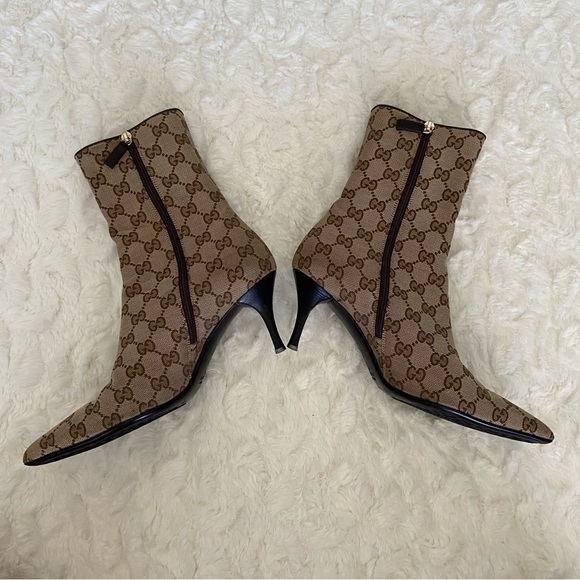 GUCCI GG Monogram Canvas Leather Ankle Boots Booties Stiletto Heels Pointed Toe - Picture 2 of 16